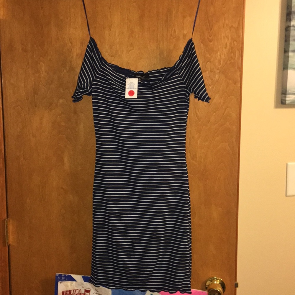 A navy blue/white stripped bodycon dress.
